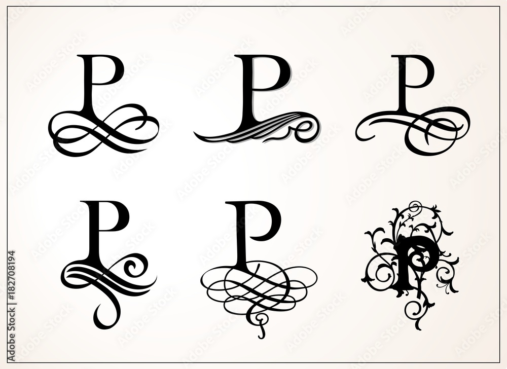 Obraz premium Vintage Set . Capital Letter P for Monograms and Logos. Beautiful Filigree Font. Victorian Style.