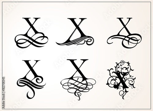 Vintage Set . Capital Letter X for Monograms and Logos. Beautiful Filigree Font. Victorian Style.