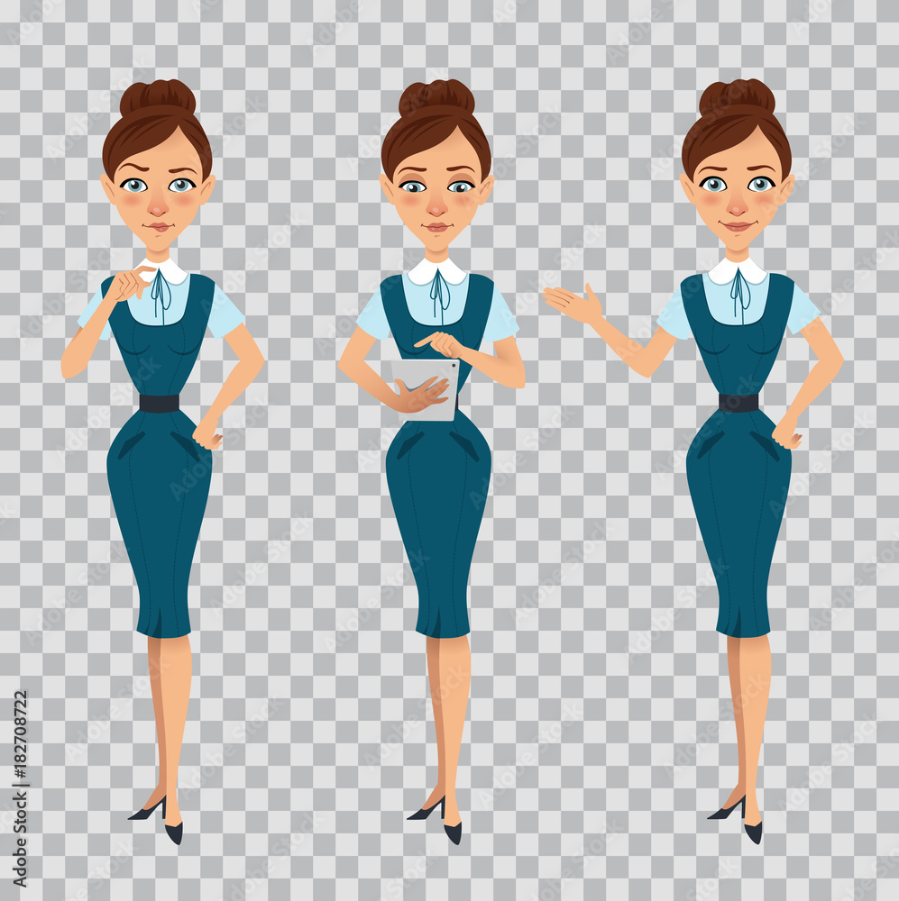 Businesswoman in formal wear. Woman in different poses. Girl standing, thinking, showing, pointing, working on tablet Businesswoman in formal wear. Woman in different poses. Girl standing, thinking, showing, pointing, working on tablet