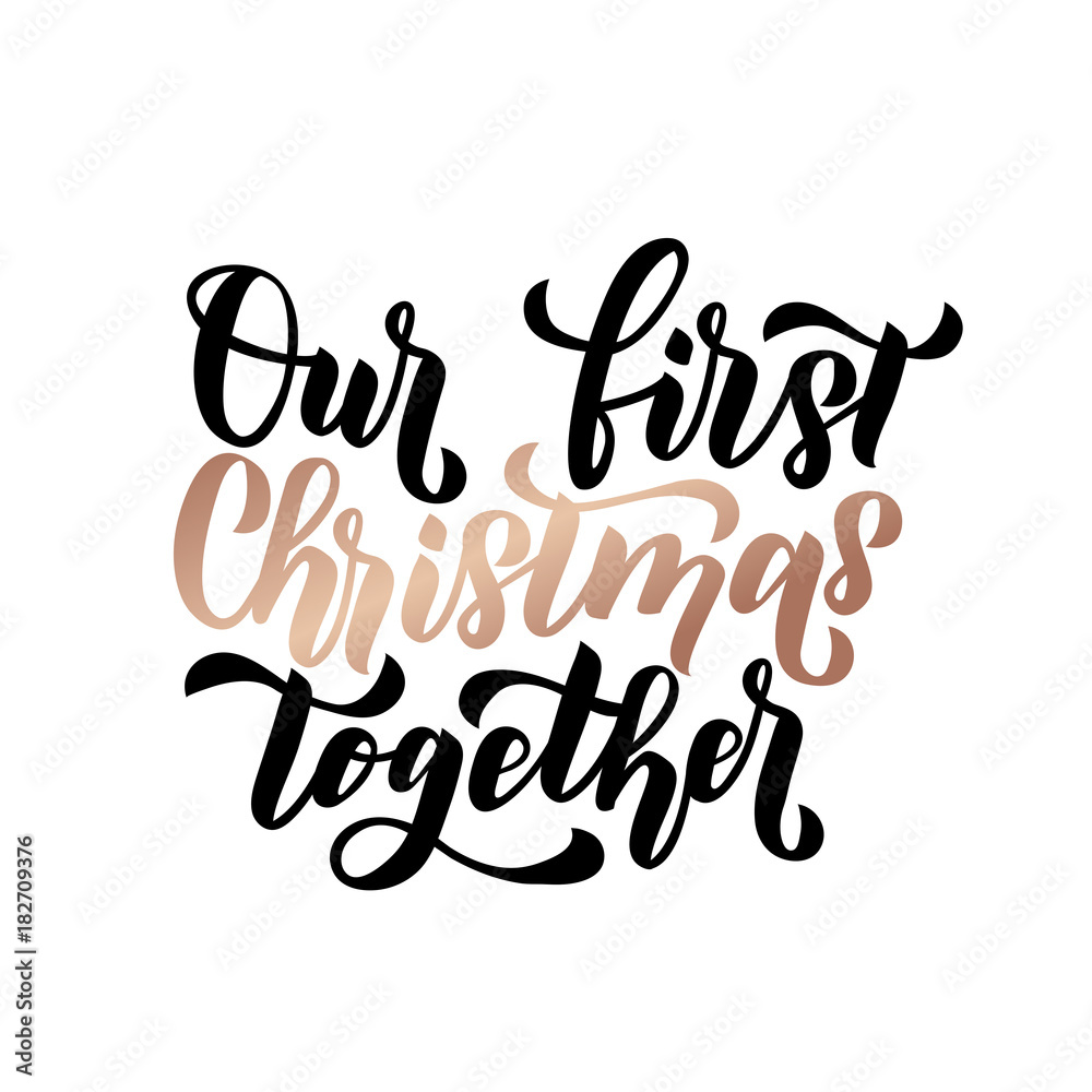 Our first christmas together. Merry Christmas and Happy New Year rose gold greeting card. Minimalistic christmas card on navy blue background. Linear Christmas decorations with confetti