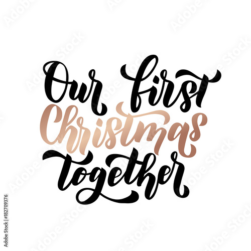 Our first christmas together. Merry Christmas and Happy New Year rose gold greeting card. Minimalistic christmas card on navy blue background. Linear Christmas decorations with confetti