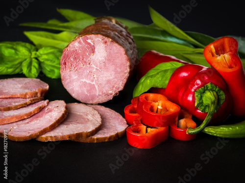 Smoked sausage, ham with red and green peppers and herbs