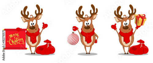 Merry Christmas greeting card with funny reindeer photo