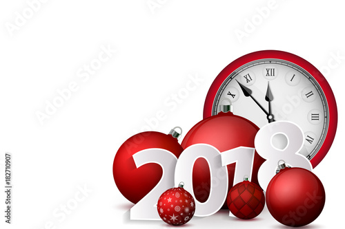 Xmas and New Year 2018 concept. Red christmas balls with silver holders and vintage watch. Set of isolated realistic objects. Vector illustration