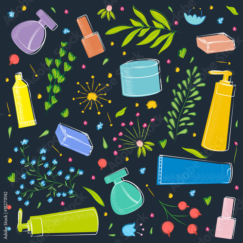 Hand-drawn natural organic cosmetics with flowers and herbs