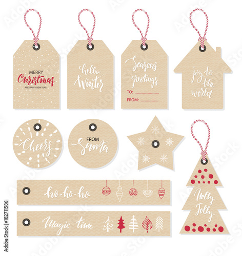 Christmas tags set, hand drawn style. Vector illustration.