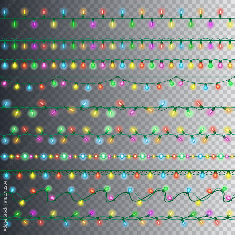 Set of color garland lights. Glowing christmas lights on transparent background. Vector seamless horizontal objects. Includes 10 vector brushes festive strands of Christmas lights