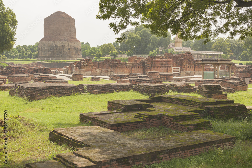 Old ruins and Dhamekh Stupa, Sarnath, India