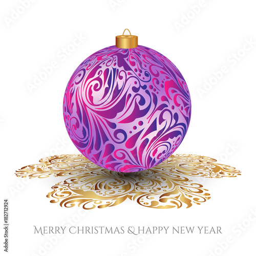Christmas card. Pink Christmas toy with the silver ornament. Ornamented shadow.