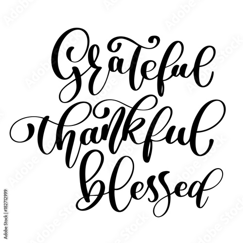 Typographic vector quote thankful grateful blessed decorated hand drawn acorn and oak leaf on white. Thanksgiving card. Modern calligraphy hand drawn design for greeting card invitation print