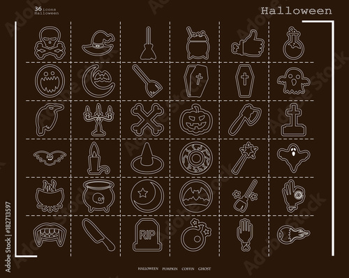 Collection of 36 halloween icons. Vector illustration in thin line style
