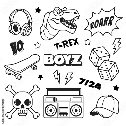 Boys patches collection. Vector illustration of outline boys icons, such as T Rex, headphones, dice, skateboard, cap and boom box. Isolated on white.