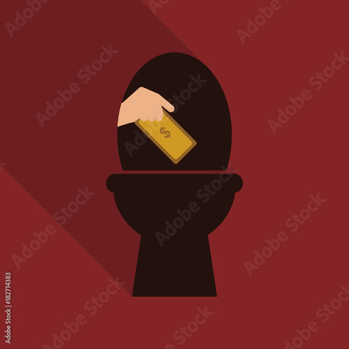 Lots of dollar bills going down the toilet in flat style with shadow