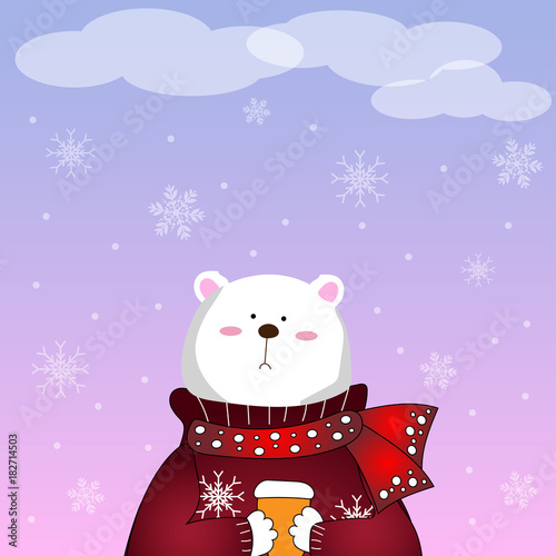 Cute cartoon character white polar bearing wearing red sweater and scarf sipping coffee in winter season with pastel color background with snowflake and snowfall, vector and illustration