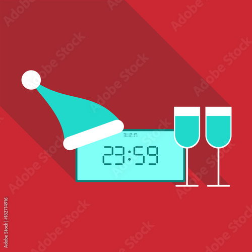 Clock With New Year 2018 with Santa`s hat and twoglasses of wine photo