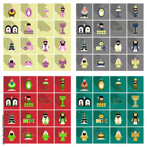 Merry Christmas set of flat icons . Birth of Christ illustration background concept.