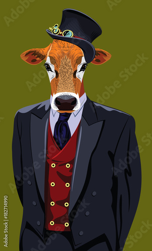 Portrait of cow in the men's business suit and hat