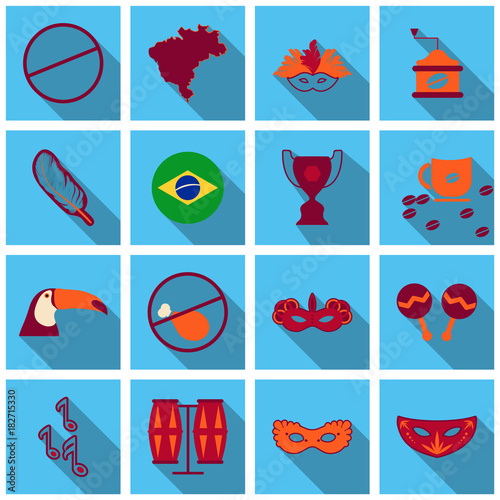 Brazil icons collection. Vector illustration with Brazilian culture and nature icons, including toucan, in carnival costume and in trendy flat style.