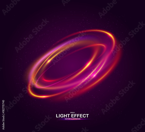 Colorful ring with luminous swirling spirals. Glowing red-pink abstraction on dark background. Brilliant vortex, sparkles waves and swirl. Sparkling neon light effect, shiny magic effects