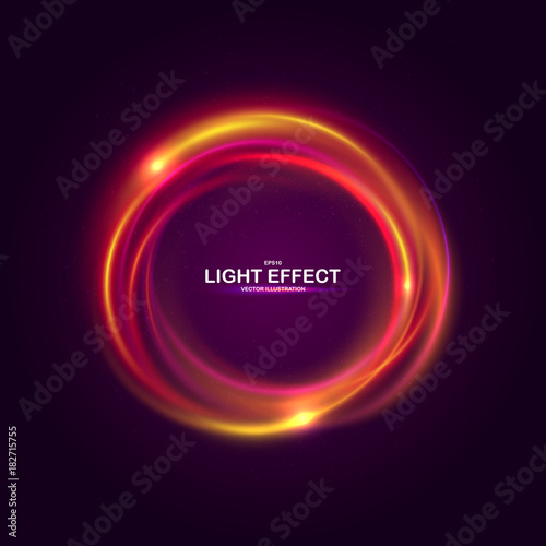 Colorful ring with luminous swirling spirals. Glowing yellow - red circle with particles. Energy brilliant round frame, sparkles waves and swirl. Sparkling neon light effect, shiny magic banner