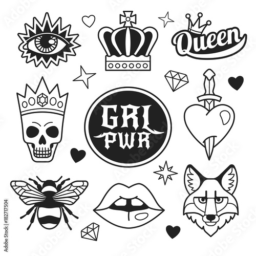 Fashion icons collection. Vector illustration of medieval style female badges and symbols, such as crown, heart with dagger, skull in crown, fox face, lips, eye and bee. Isolated on background.