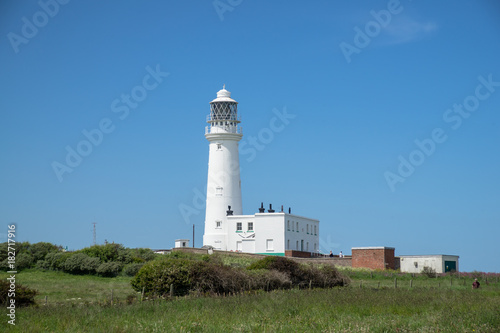 Flamborough  Yorkshire  UK. View of the modern lighthouse on top of the chalk cliffs at Flamborough Head.