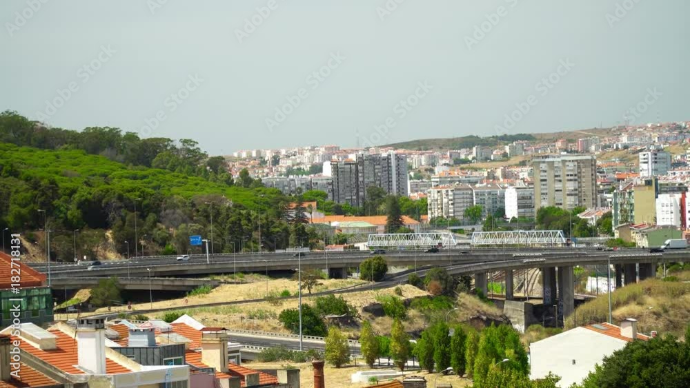 Aerial Panoramic View Over Lisbon City In Portugal And Busy Car Traffic Aerial Panoramic View Over Lisbon City In Portugal And Busy Car Traffic