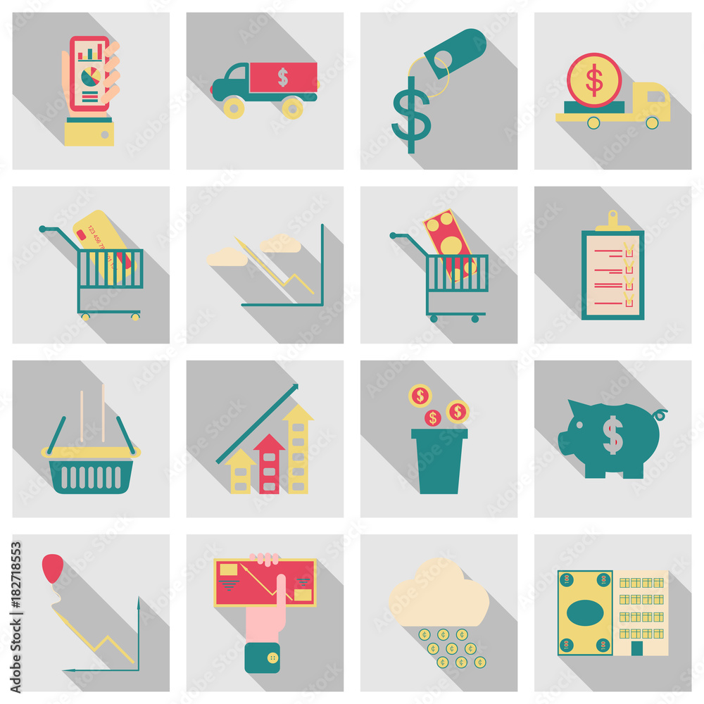 Set of business simple icons. Economic concept in flat style with long shadow Set of business simple icons. Economic concept in flat style with long shadow