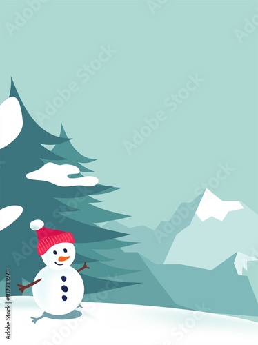 Beautiful winter background with cute snowman and winter landscape. Vector cartoon illustration