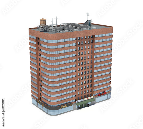 Fototapeta Naklejka Na Ścianę i Meble -  3d rendering of a red brick apartment building with shops on the ground floor.