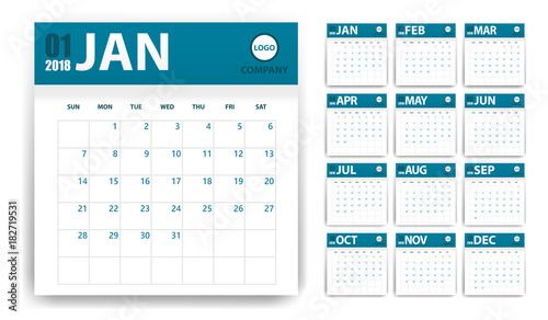 2018 calendar in paper stickers with shadow style. Blue and white. Event planner. All size. Vector illustration