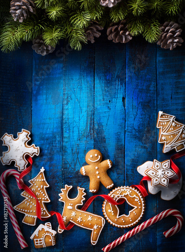 Christmas background with Christmas gingerbread and Christmas Candy Canes