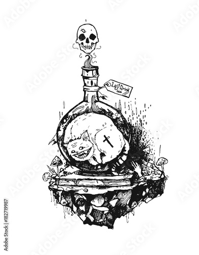 The bottle of poison with smiling cat inside. Strange, dark, magic illustration. It can be used for printing on t-shirts, postcards, or used as ideas for tattoos.