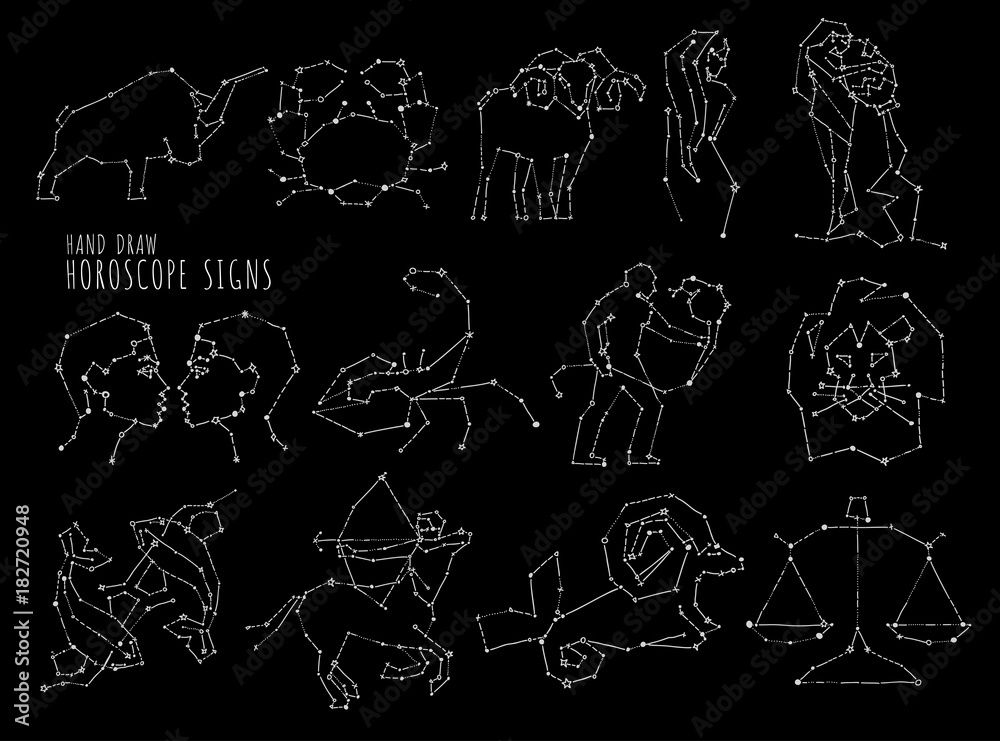 Hand draw horoscope symbols, all Zodiac signs in constellation style