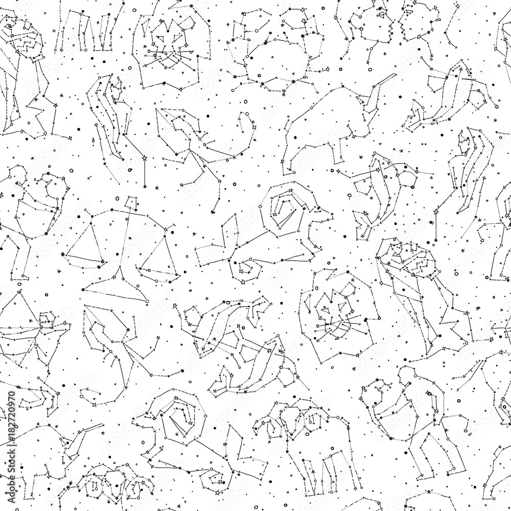 Horoscope hand draw seamless pattern, all Zodiac signs in constellation style with line and stars on endless background. Doodle background of starry zodiac symbols