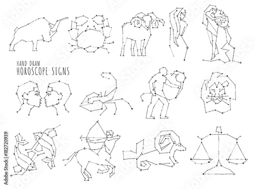 Hand draw horoscope symbols, all Zodiac signs in constellation style with line and stars on white background. Collection of zodiac symbols, thirteen stars constellations set.