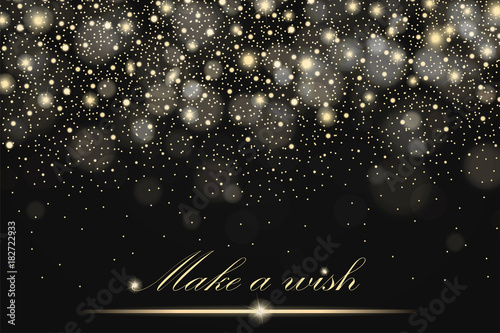 Vector gold glitter particles background effect for luxury greeting rich card. Sparkling texture. Star dust sparks in explosion on black background. Vector illustration