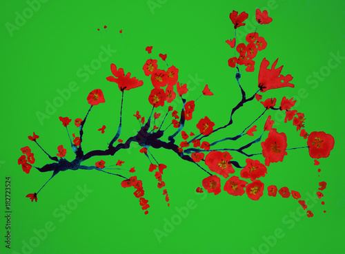 Branch of cherry blossoms on a green background. The dabbing technique gives a soft focus effect due to the altered surface roughness of the paper.