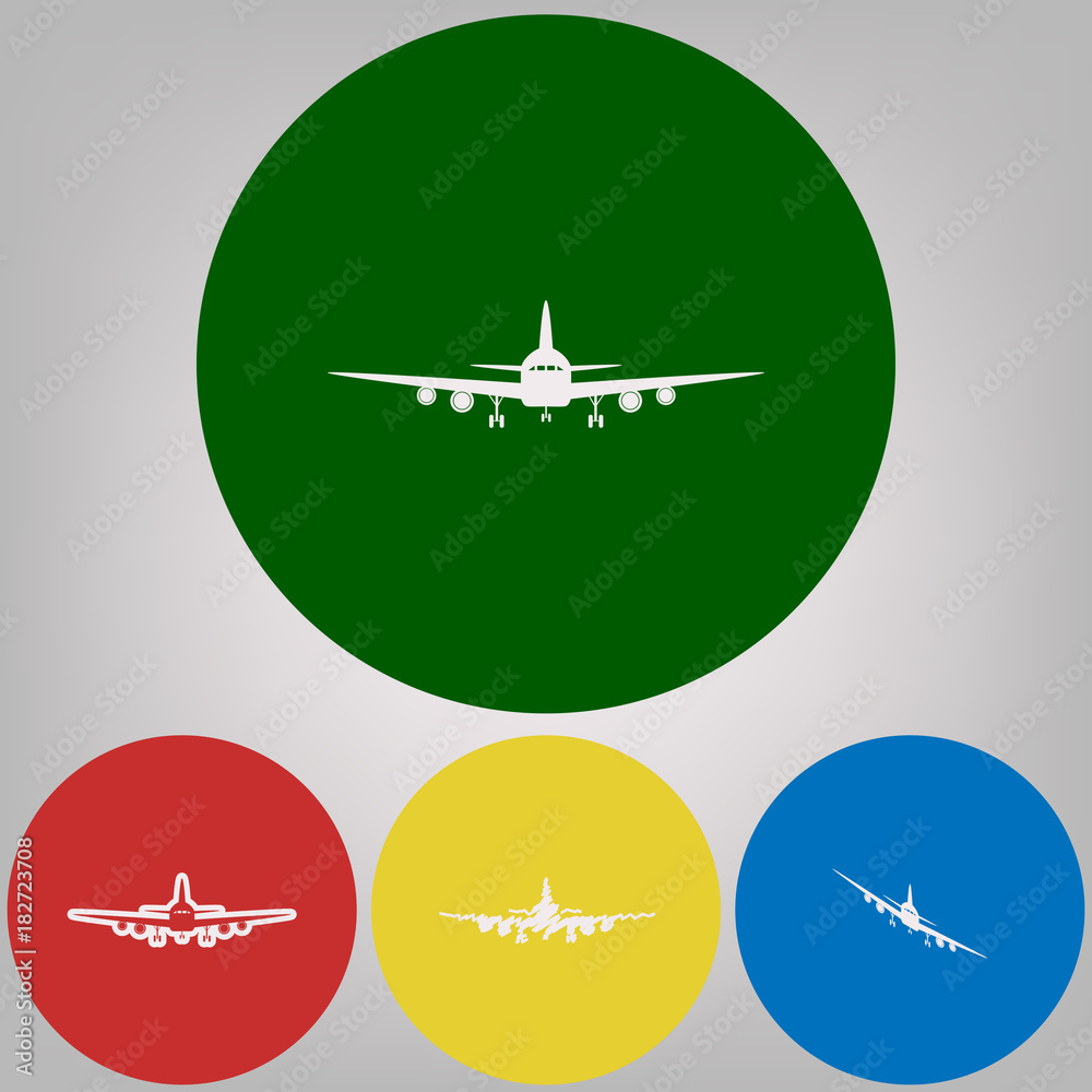 Flying Plane sign. Front view. Vector. 4 white styles of icon at 4 colored circles on light gray background. Flying Plane sign. Front view. Vector. 4 white styles of icon at 4 colored circles on light gray background.