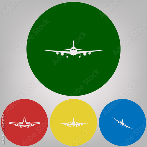 Flying Plane sign. Front view. Vector. 4 white styles of icon at 4 colored circles on light gray background. © asmati