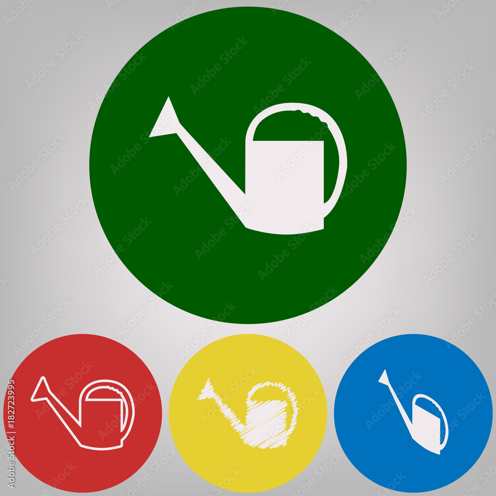 Watering sign. Vector. 4 white styles of icon at 4 colored circles on light gray background. Watering sign. Vector. 4 white styles of icon at 4 colored circles on light gray background.