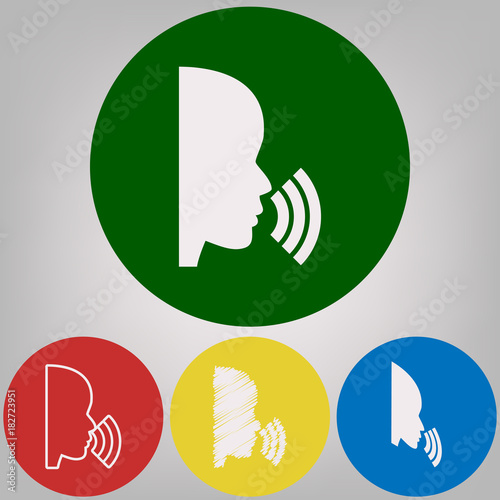 People speaking or singing sign. Vector. 4 white styles of icon at 4 colored circles on light gray background.