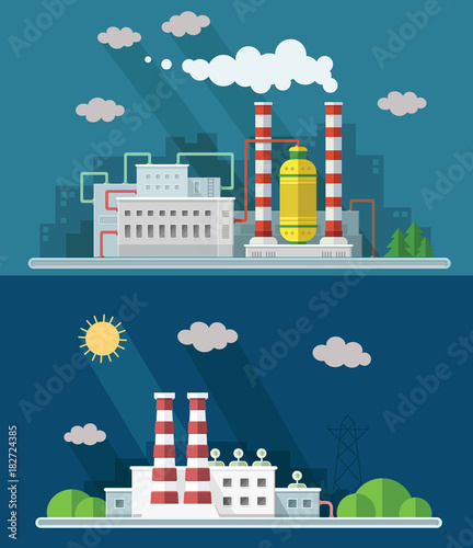 Industrial landscape set. The nuclear power plant and factory on the background of the city. Vector flat illustration