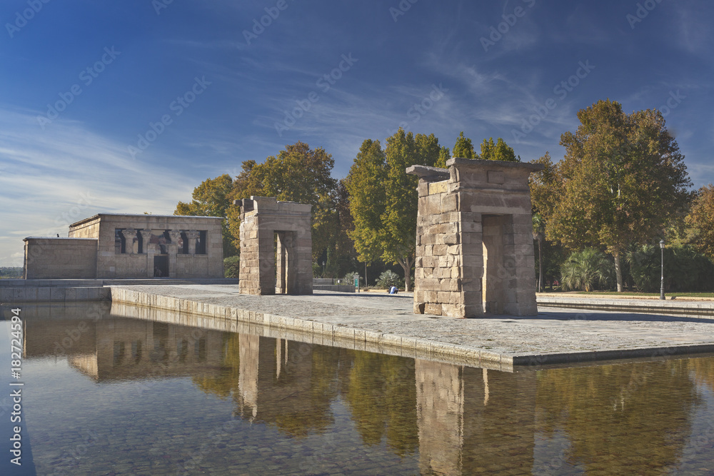 Temple of Debod in Madrid with reflections in water, Spain