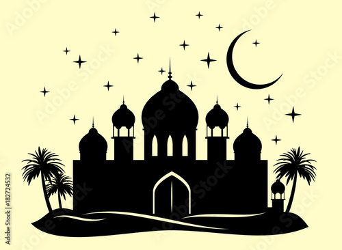 The palace in the middle of the desert, surrounded by palm trees 