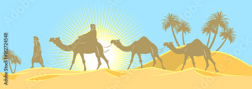 Caravan walking in the sunny desert