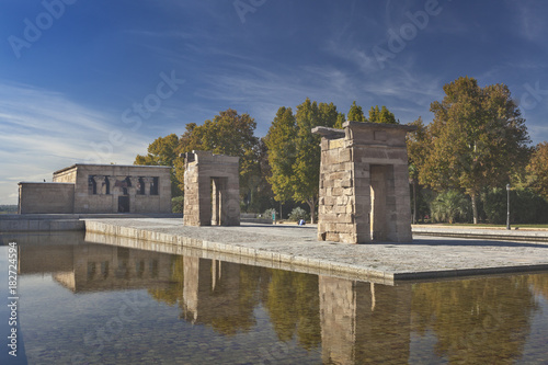 Temple of Debod in Madrid with reflections in water, Spain