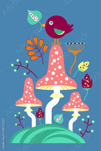 Cute mushrooms and flowers, children's theme