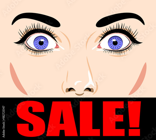 Banner about the sale with amazed female eyes