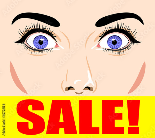 Banner about the sale with amazed female eyes